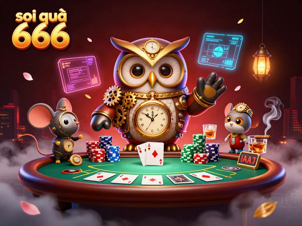 Soi cầu 666 showcases a steampunk owl and clockwork mouse at a vibrant poker game, highlighting winning strategies.