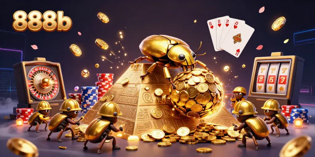 Experience the vibrant world of 888b as the golden dung beetles triumphantly roll coins in a casino-themed scene.