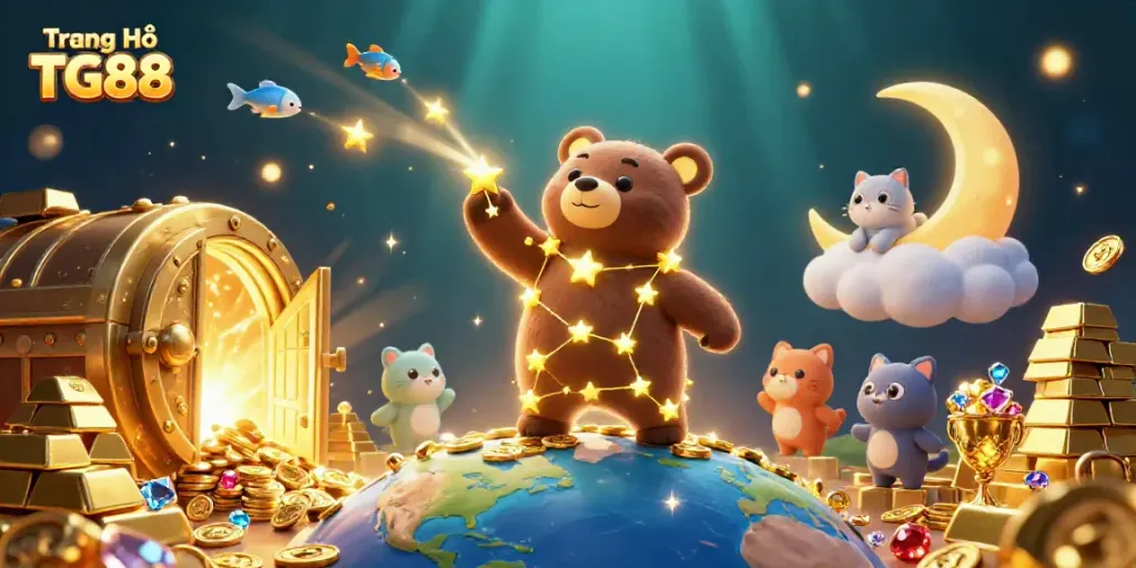 Engage with Trang Chủ TG88 as a constellation bear scoops coins in this vibrant gambling universe.