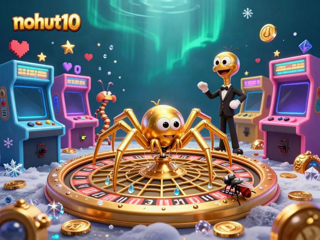 Experience the excitement of nohut10 with a golden spider roulette wheel and a dynamic gaming scene featuring arcade elements.