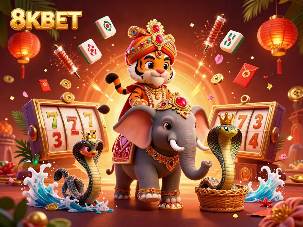 Engage in thrilling slots with 8KBET featuring a vibrant 3D tiger and jewel-encrusted elephant.