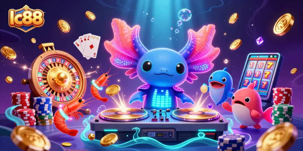 Experience the vibrant lc88 casino energy with a neon axolotl DJ and dancing sea creatures.