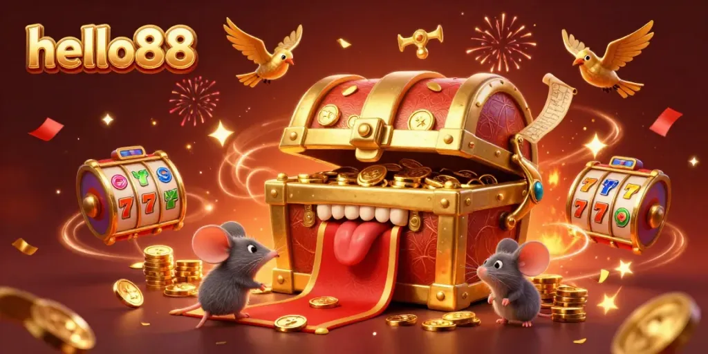 Engage with the thrilling adventures at hello88, featuring a dynamic casino scene of a golden treasure chest and playful mice.