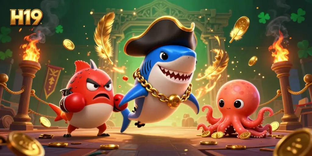 Engage in thrilling games at H19 with a pirate shark, battle-ready pufferfish, and playful octopus amidst a vibrant casino scene.