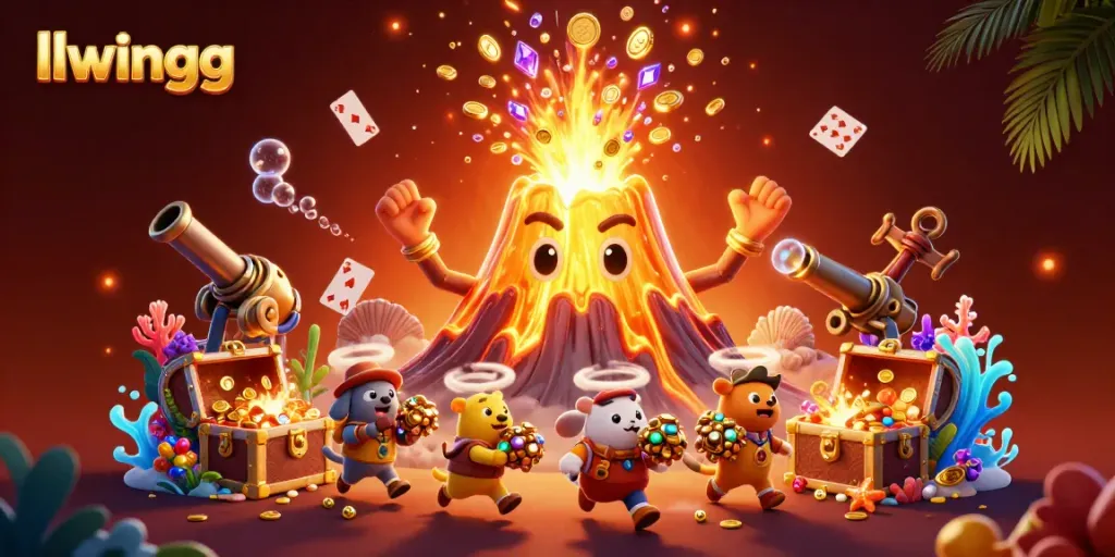 Experience the thrill of llwingg with lively characters and casino elements in this vibrant 3D illustration.