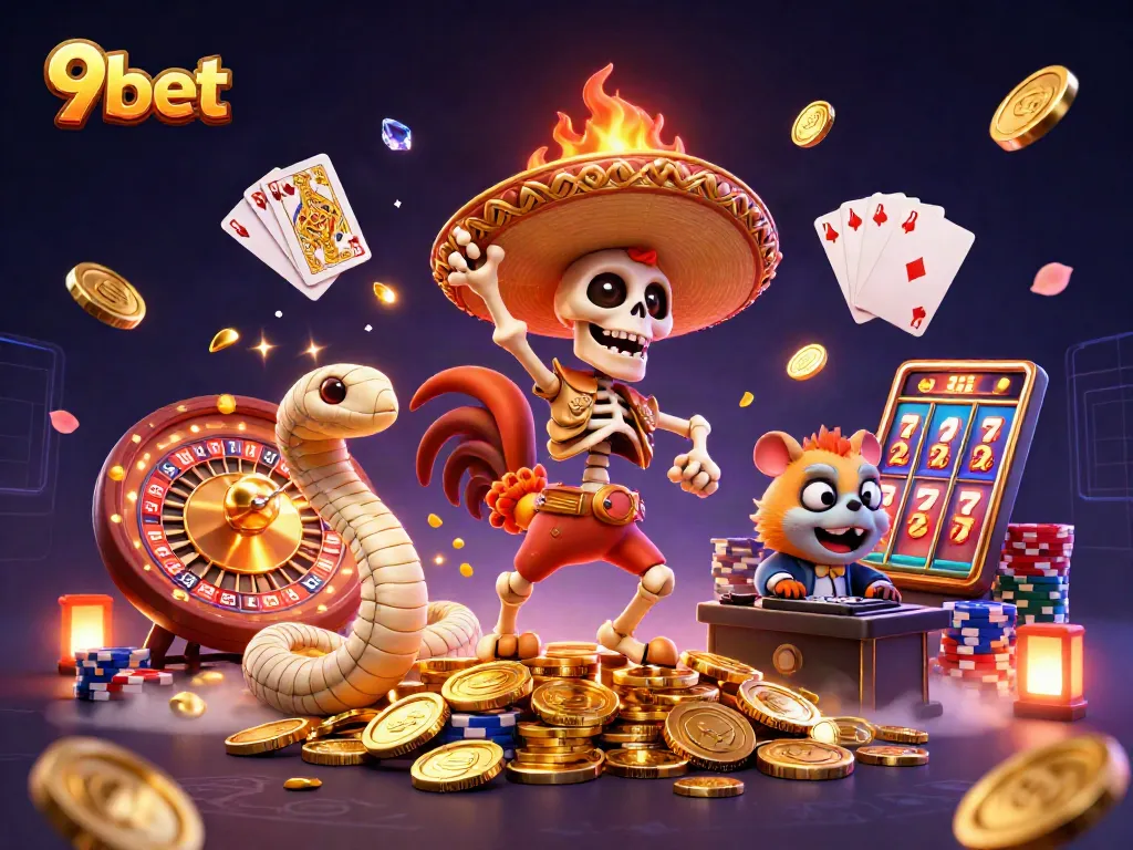 Experience the thrill of 9bet with vibrant casino elements and exciting characters in a dynamic scene.