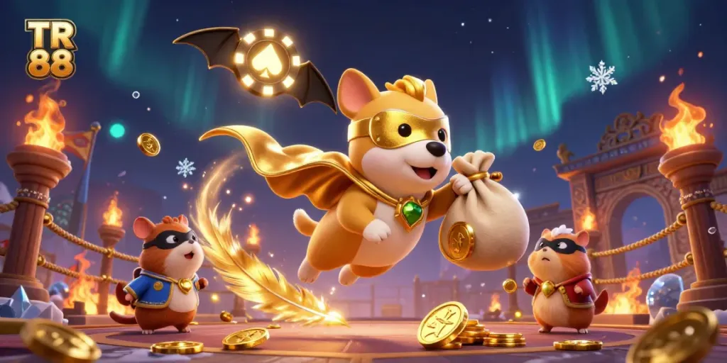 Experience the excitement of TR 88 with a superhero dog flying through an energetic casino scene.