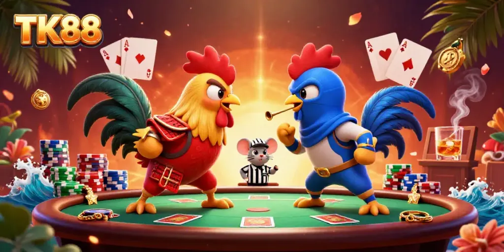 Engage in action at TK88, where fighting roosters face off among poker elements in a vibrant casino scene.