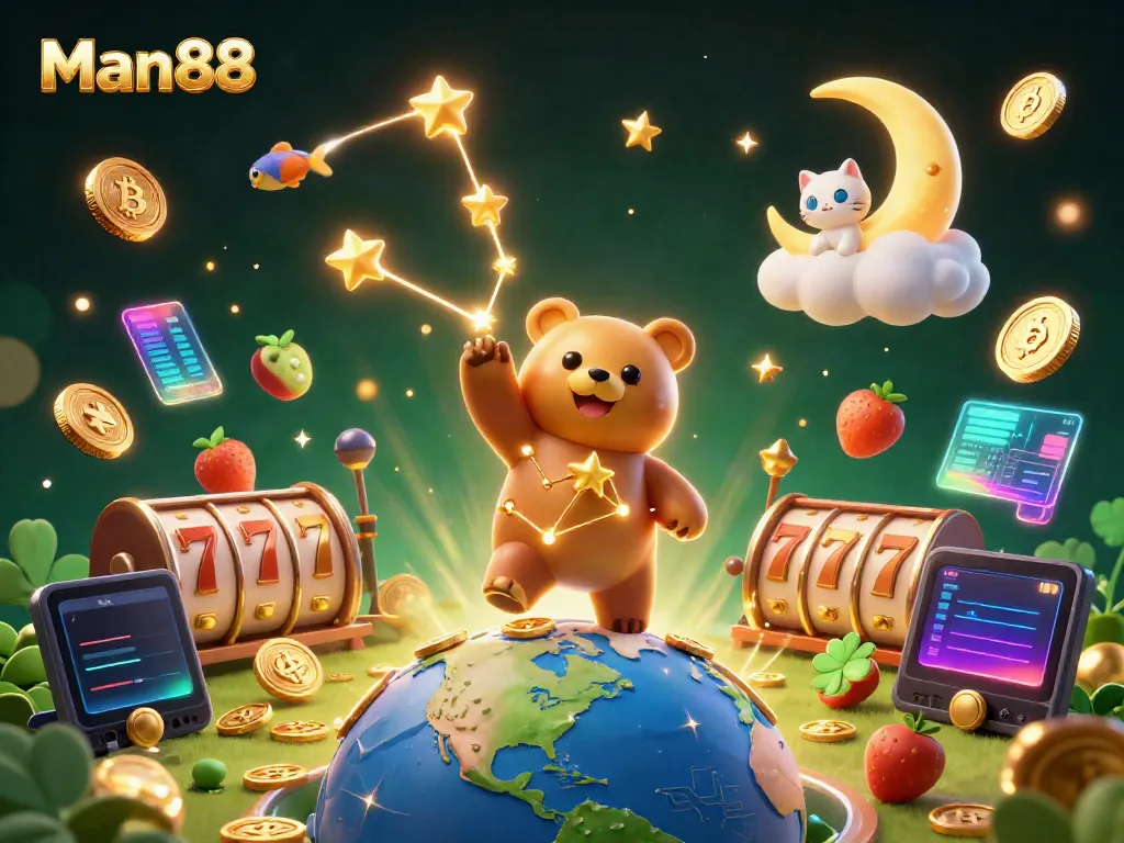 Experience winning with Man88 at a vibrant casino-themed digital illustration showcasing fun symbols and characters.