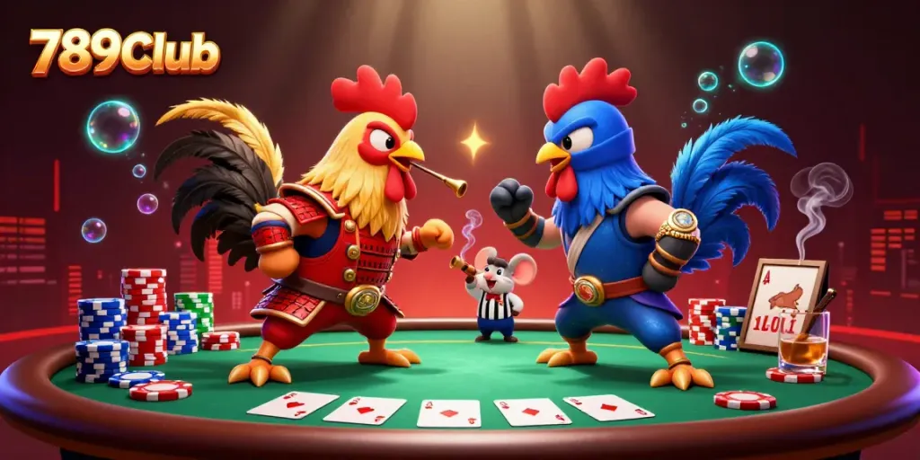 Witness a thrilling showdown at 789Club with fighting roosters and poker action in a vibrant casino atmosphere.