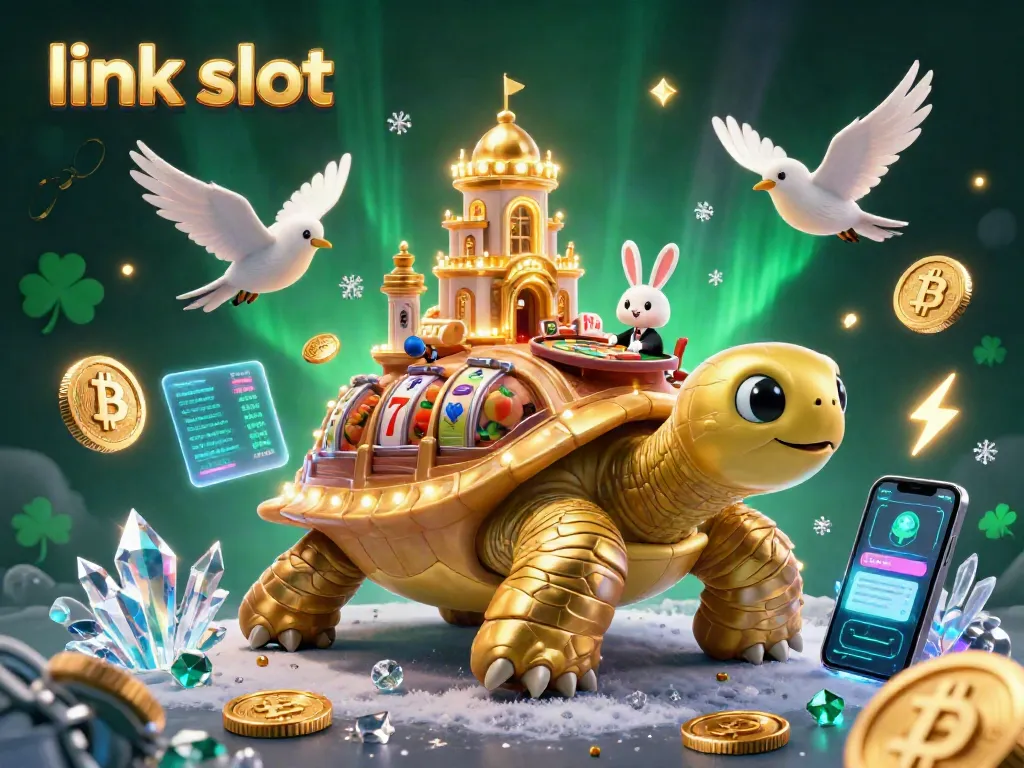 Engage with the vibrant link slot scene featuring a golden tortoise, a dealer, and flying coins in a lively casino setting.