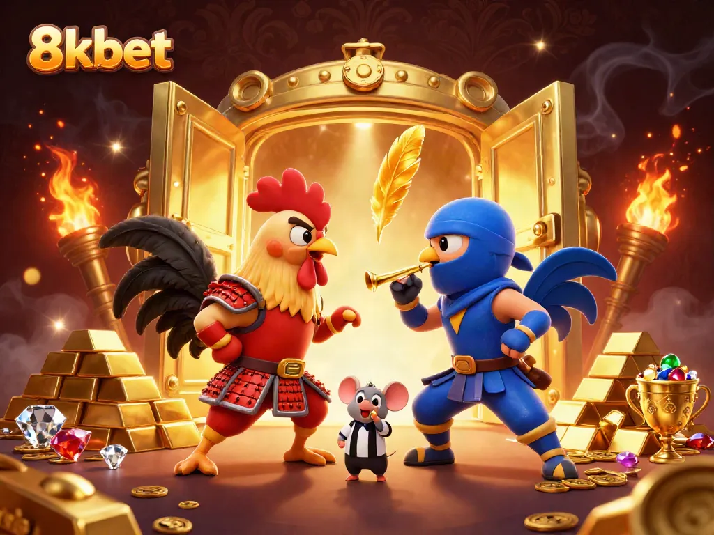 Thrilling combat between 8kbet's cartoon roosters symbolizing fierce gaming competition.