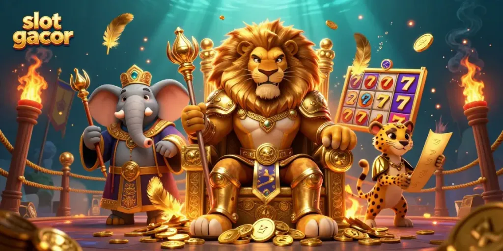 Visualisasi slot gacor dengan raja singa dan simbol-simbol permainan yang menakjubkan.