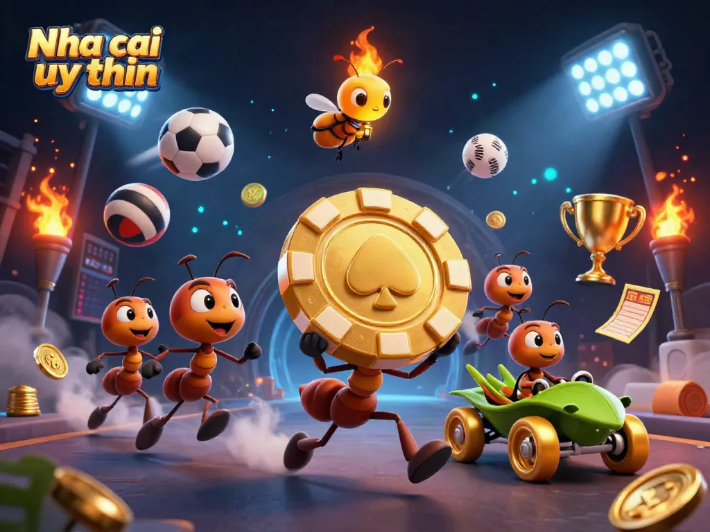Nha cai uy tin teams of cartoon ants heist with a golden poker chip, dynamic casino elements