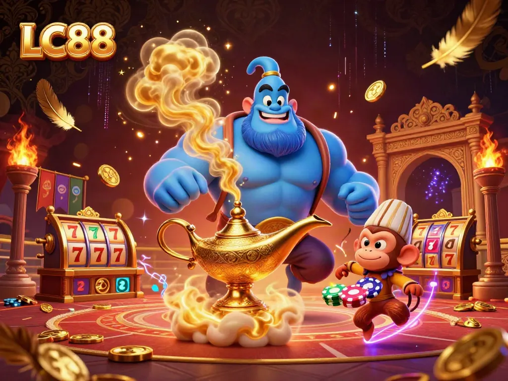 Engage in thrilling gameplay with LC88 casino, featuring a vibrant genie, monkey, and poker chips.