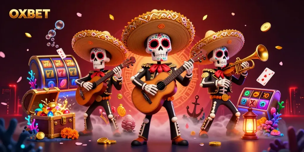 Join the OXBET experience with colorful casino-themed 3D illustration featuring mariachi skeletons and gaming elements.