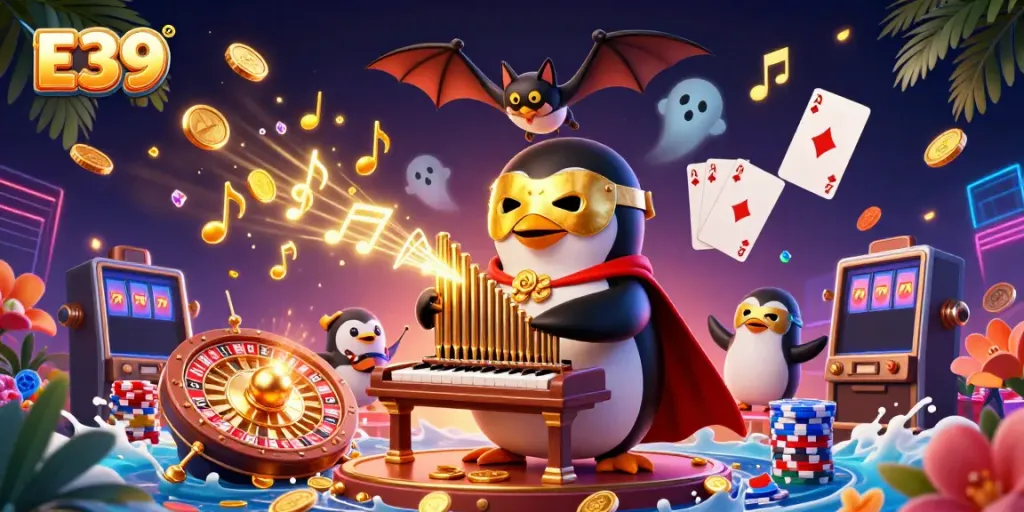 Experience exciting E39 casino moments with a whimsical penguin and vibrant game elements.