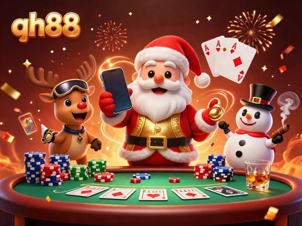 Experience rewards at qh88 with a lively casino scene featuring Santa and friends celebrating wins.