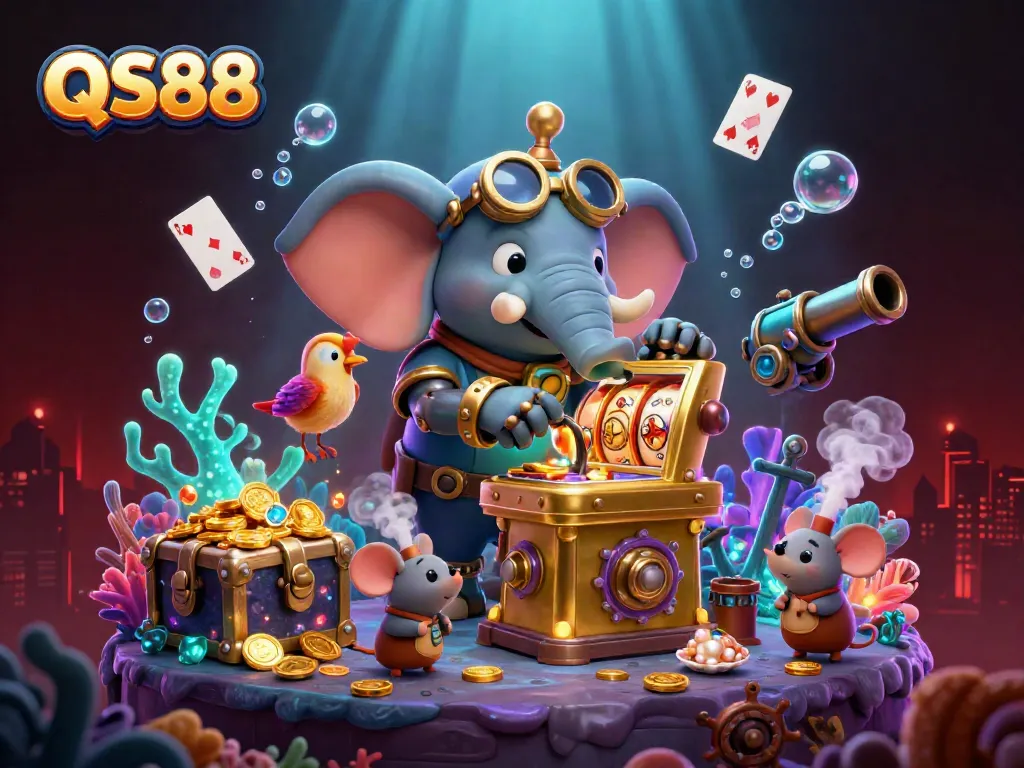 Experience the excitement of QS88 with a steampunk elephant operating a golden slot machine in a vibrant scene.