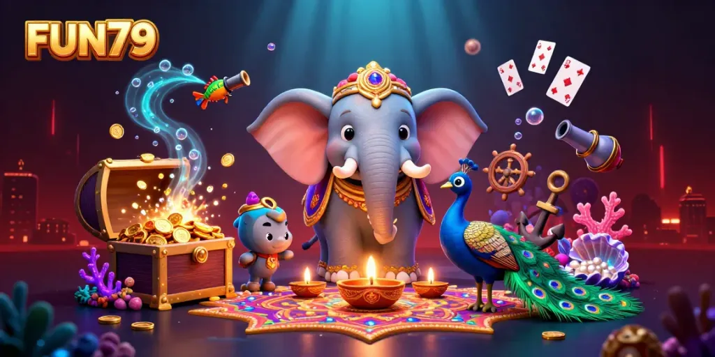 Experience the vibrant FUN79 online casino world through captivating characters and dynamic gameplay elements in a rich, colorful illustration.