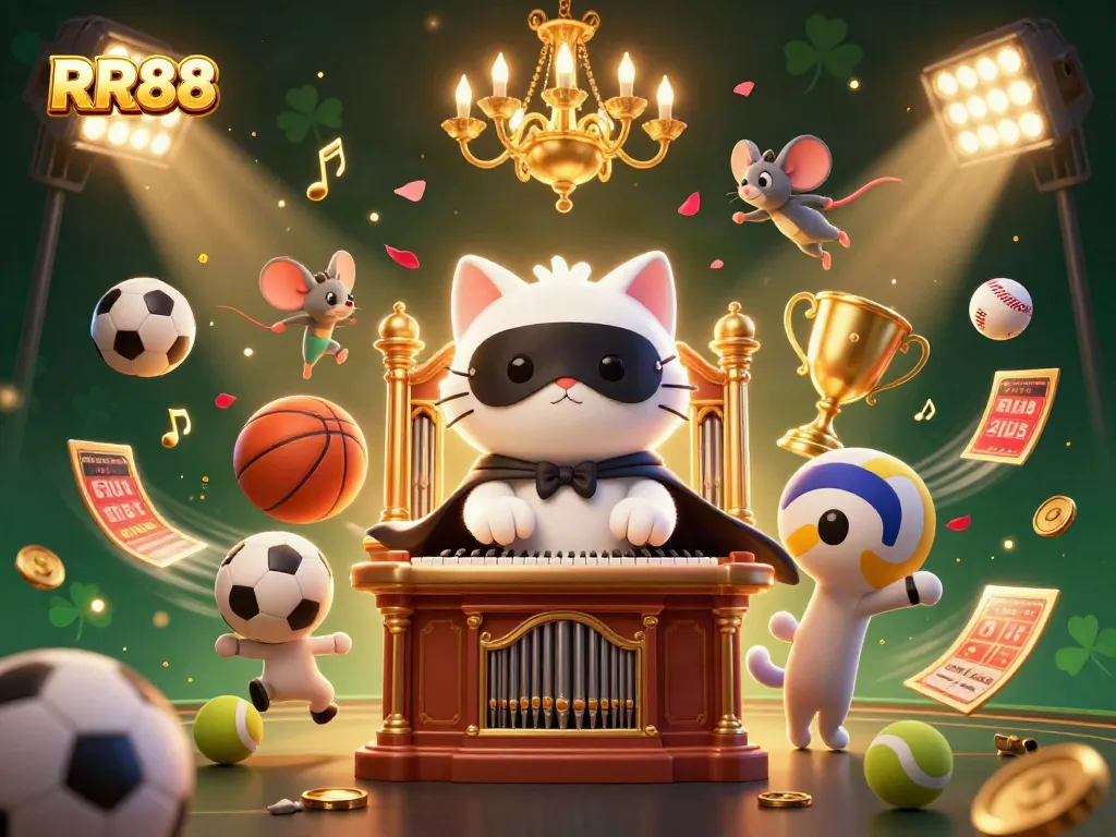 Join the excitement with RR88's captivating casino scene featuring a phantom cat and casino elements.