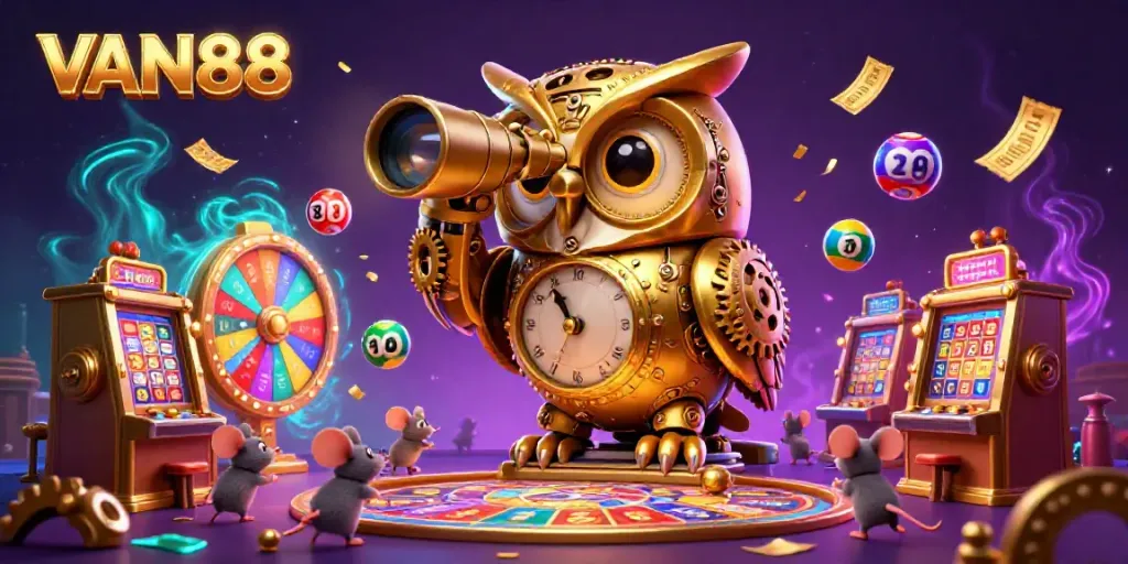 Spin to win at VAN88's vibrant casino, where a clockwork owl oversees the golden ticket frenzy.