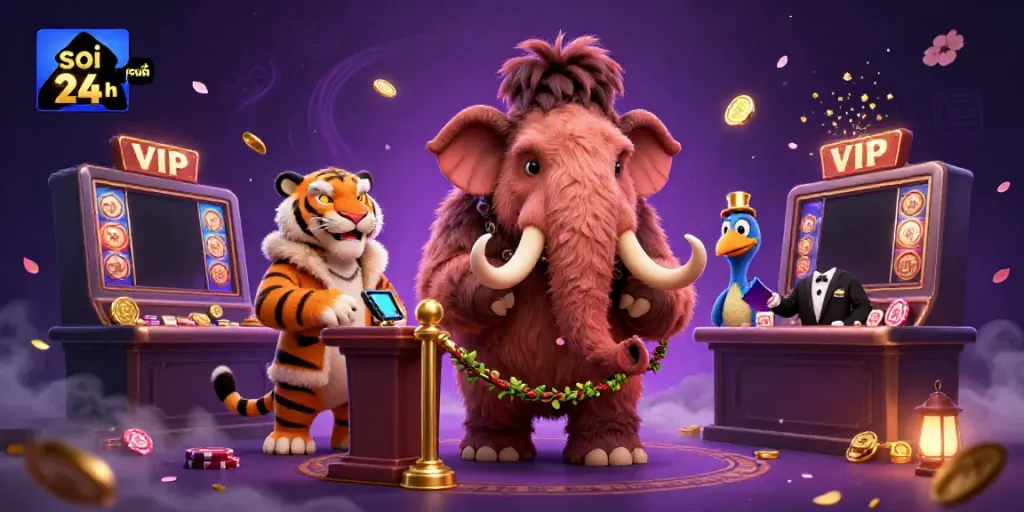 Soi cầu 24h features a woolly mammoth bouncer and saber-tooth tiger VIP at a colorful casino entrance, showcasing lottery excitement.