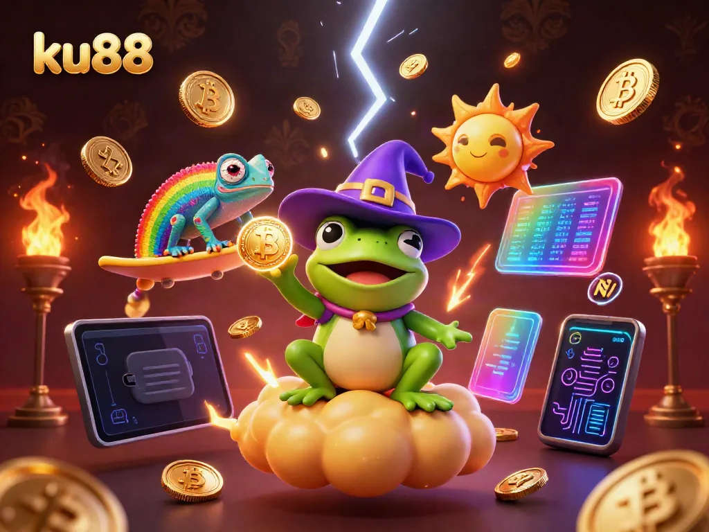ku88 dynamic gaming illustration with a frog wizard, chameleon, and crypto symbols