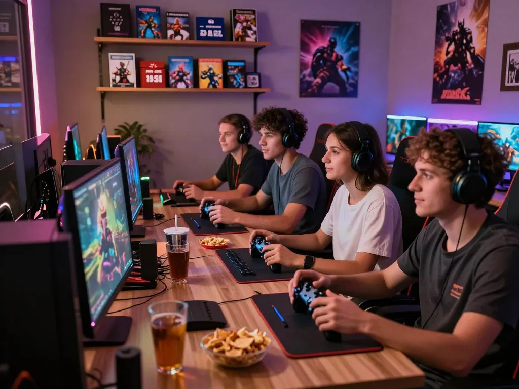 Friends enjoying digital games at warung168 gaming marketplace with snacks and drinks.