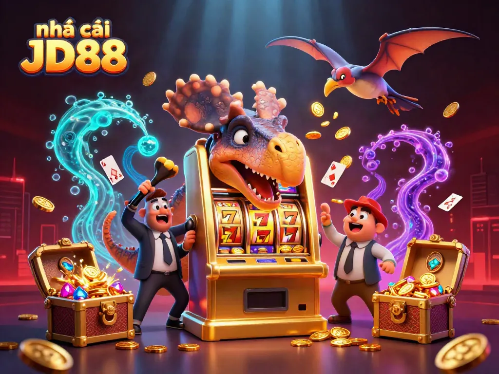 Experience the thrilling action at nhà cái JD88 with a dinosaur-themed casino scene showcasing exciting jackpots.