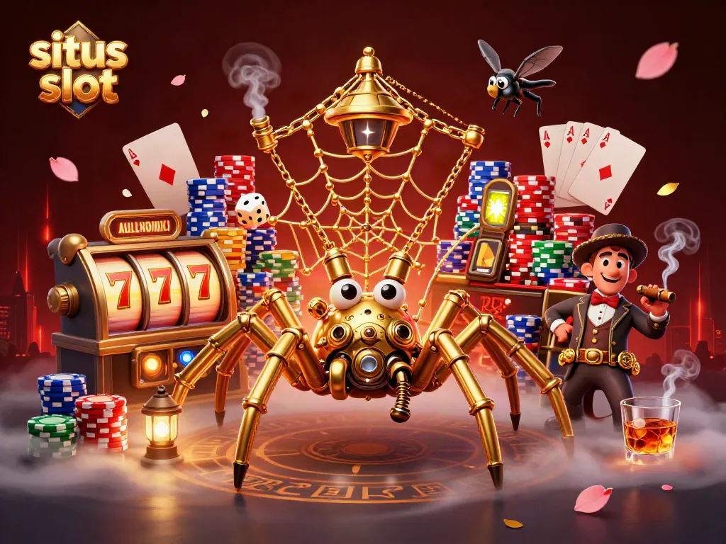 Situs slot illustration featuring a golden spider web, slot reels, and a Victorian fly gentleman surrounded by vibrant casino elements.