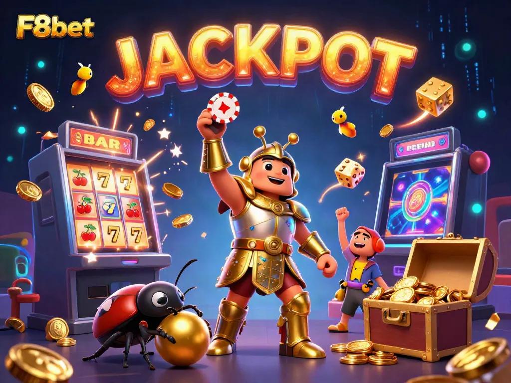 Experience thrilling jackpots with F8bet as a heroic beetle triumphs in a rich casino game scene.