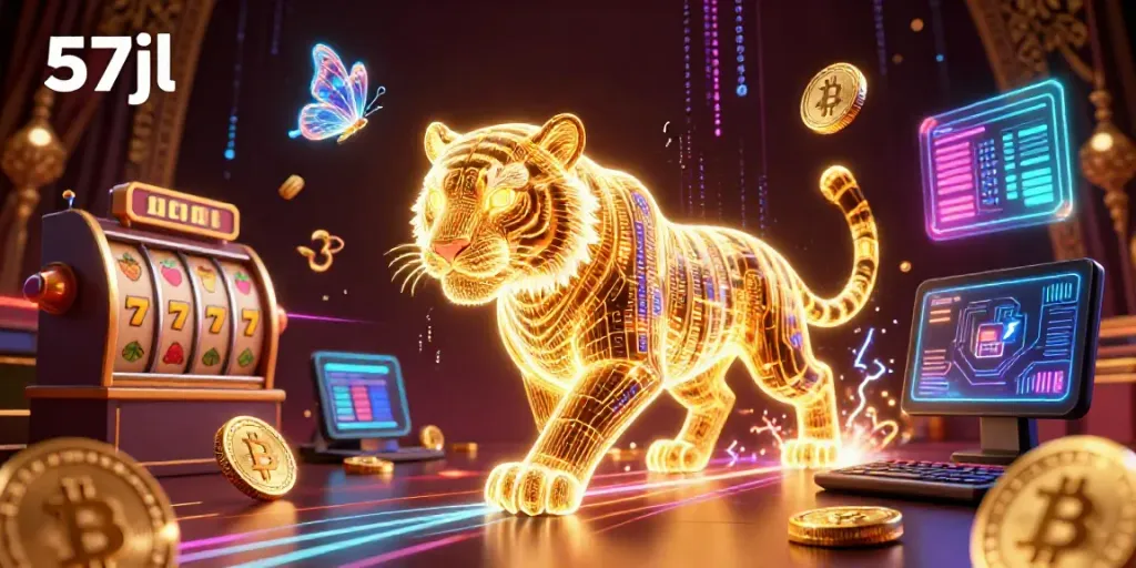 Experience the thrill with 57jl featuring a vibrant casino scene with a glowing tiger and slot reels.