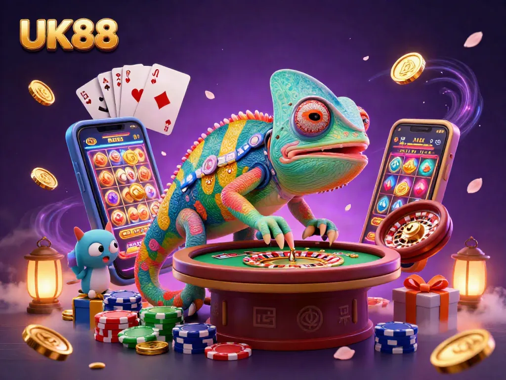 Experience thrilling gains with UK88's vibrant casino scene featuring a playful chameleon.