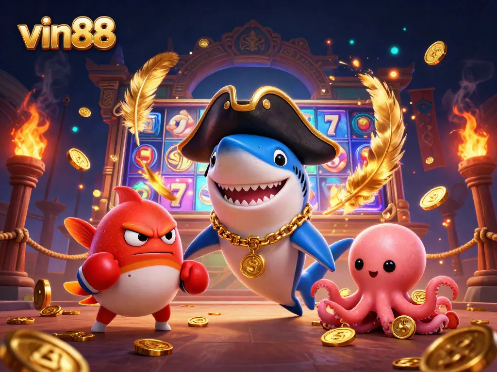 Spin to win at vin88 with a dynamic casino scene featuring pirate shark, pufferfish, and octopus.
