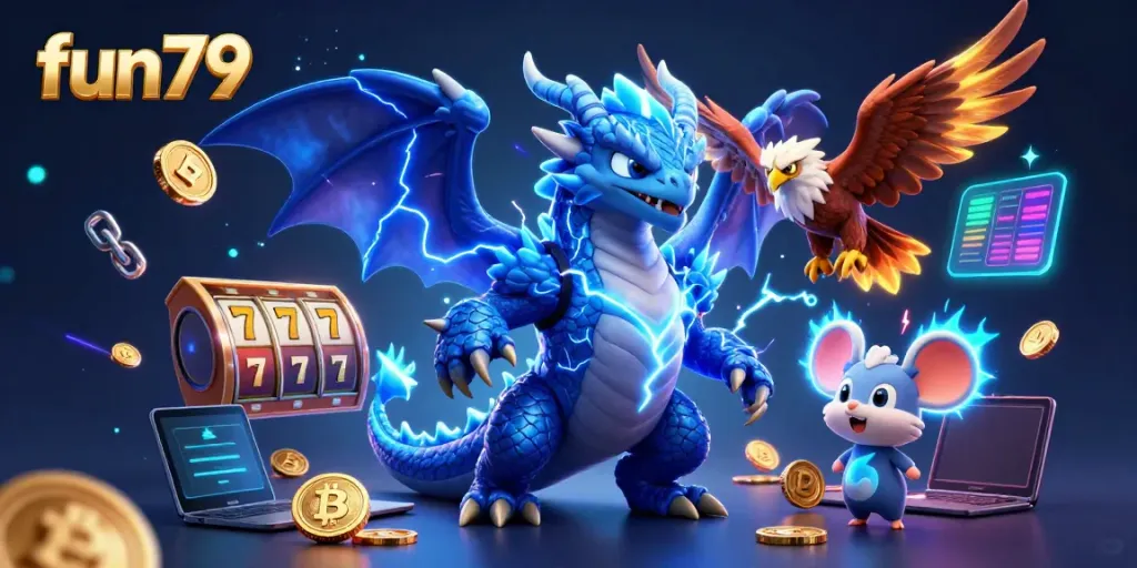 Experience thrilling slots at fun79, highlighted by a stunning 3D dragon and dynamic gaming elements.