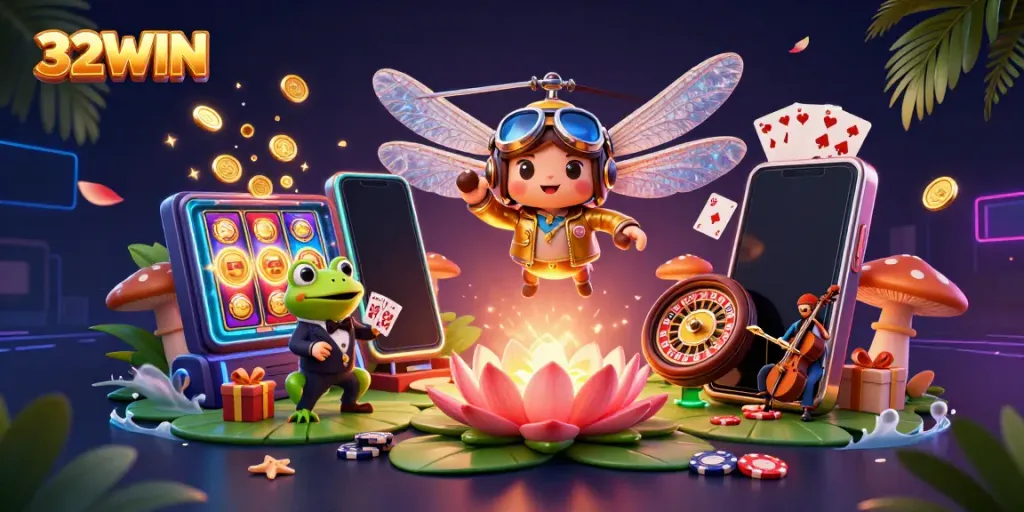 Experience the vibrant casino world of 32WIN with dynamic characters and exciting games.
