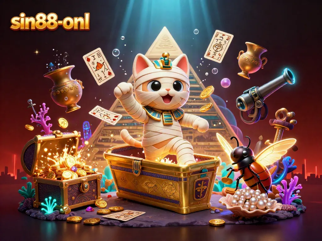 Engage with sin88-onl's dynamic casino scene featuring a mummy cat and scarab beetle amidst treasure.