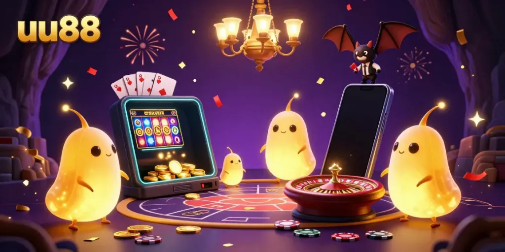 Experience the thrill of uu88 with glowworms lighting up a casino scene filled with games and excitement.
