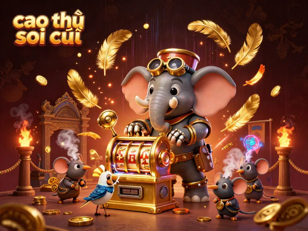Engaging scene illustrating cao thủ soi cầu with an elephant engineer and slot machine, brimming with energy and vibrant details.