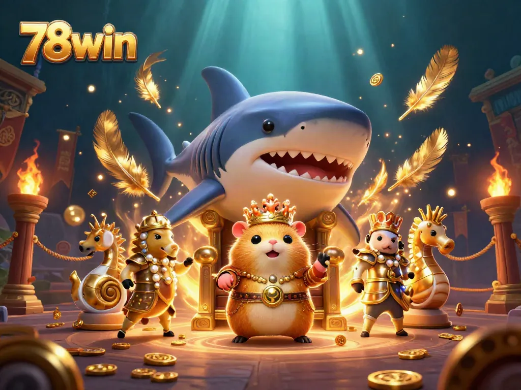 Join the mystical realm of 78win with a golden hamster king and seahorse guards amid vibrant casino elements.