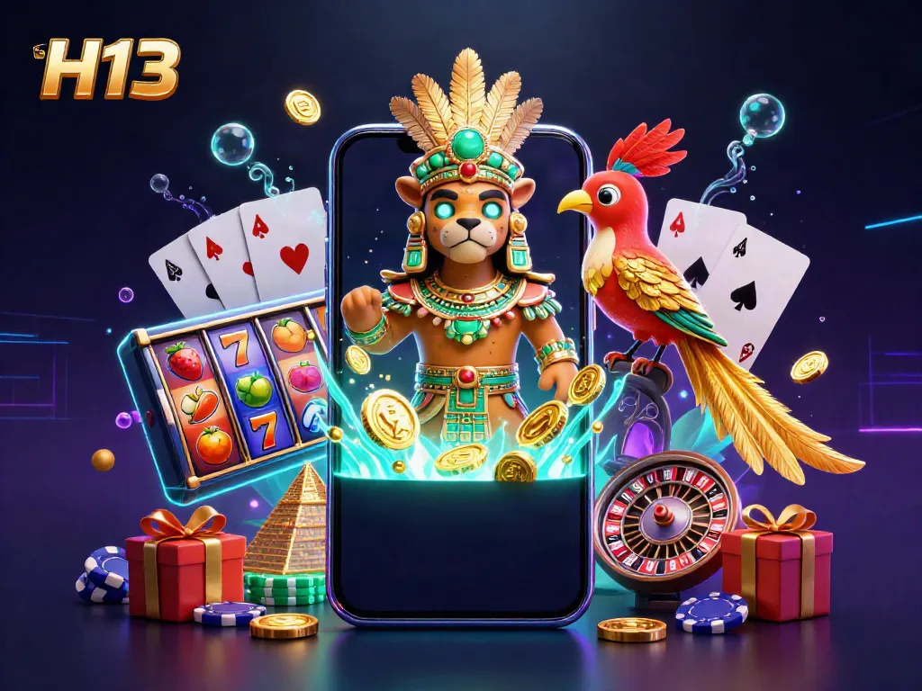 Experience H13's vibrant gaming action with a Mayan priest and Quetzal bird amidst slots and coins.