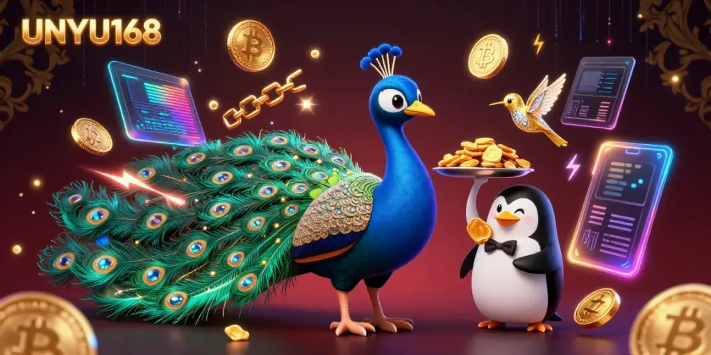 Mainkan UNYU168 dengan mengasyikkan: ilustrasi karakter 3D dengan merak, penguin, dan burung kolibri, dikelilingi elemen kasino interaktif.