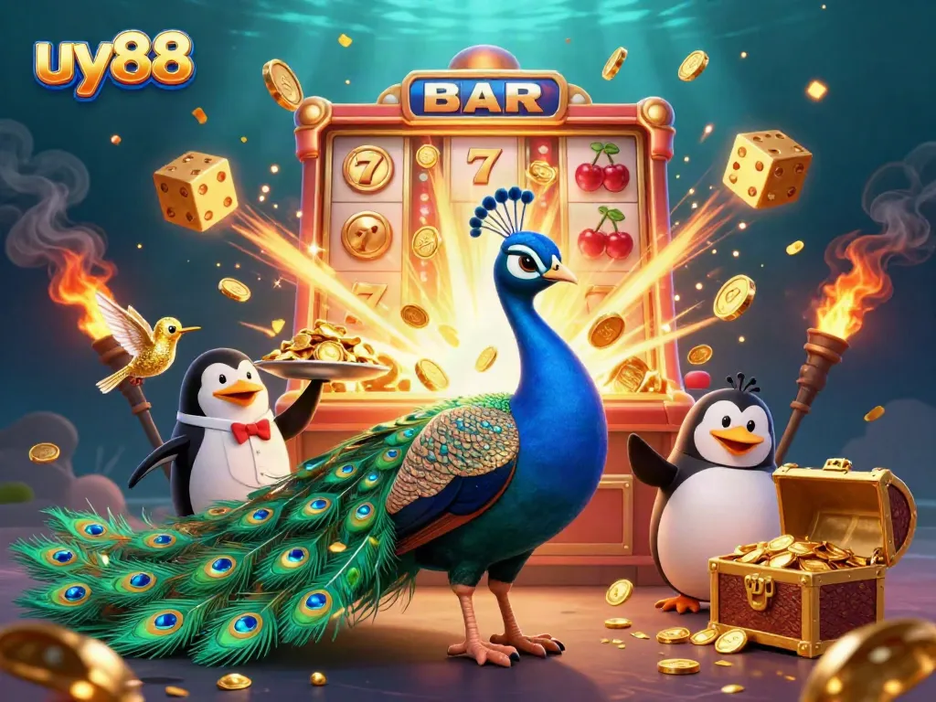 Experience the vibrancy of uy88's casino world with a lively 3D scene featuring a peacock, penguin, and hummingbird among thrilling slot machine action.