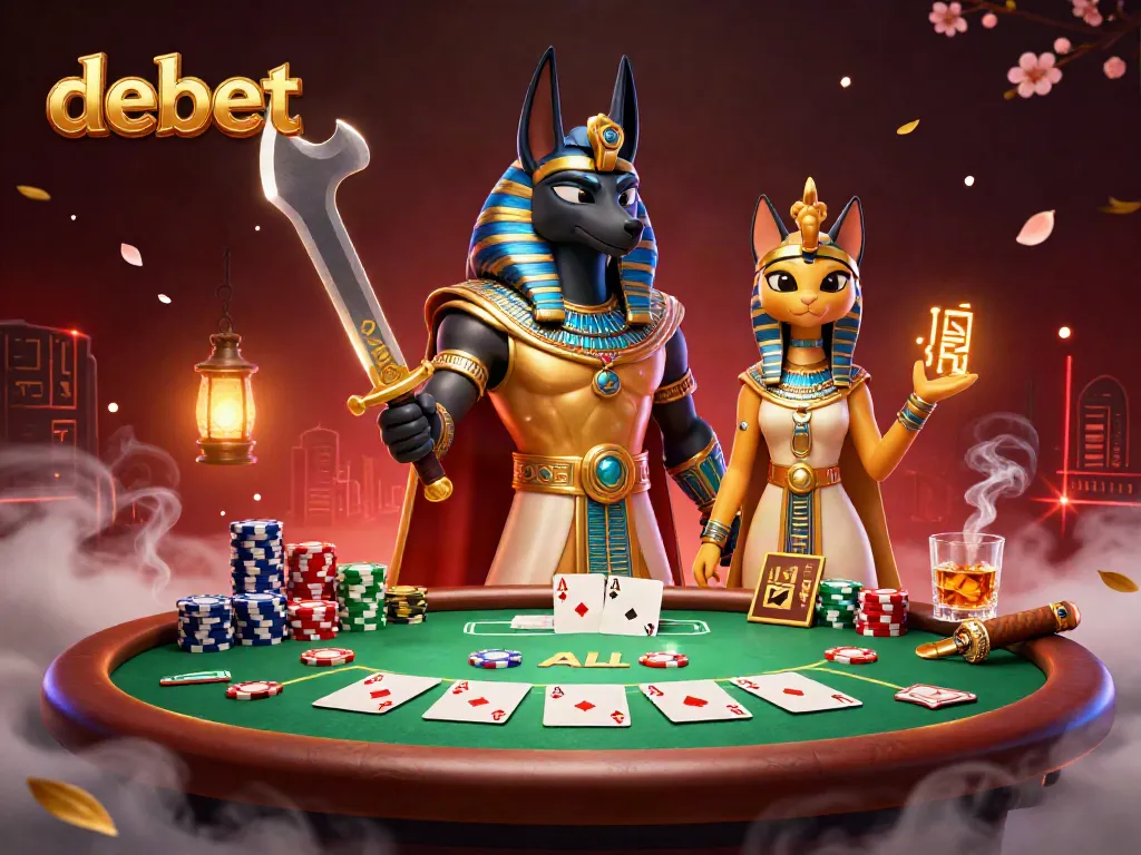 Engage with debet at a dynamic poker scene featuring Anubis and Bastet surrounded by colorful poker chips.