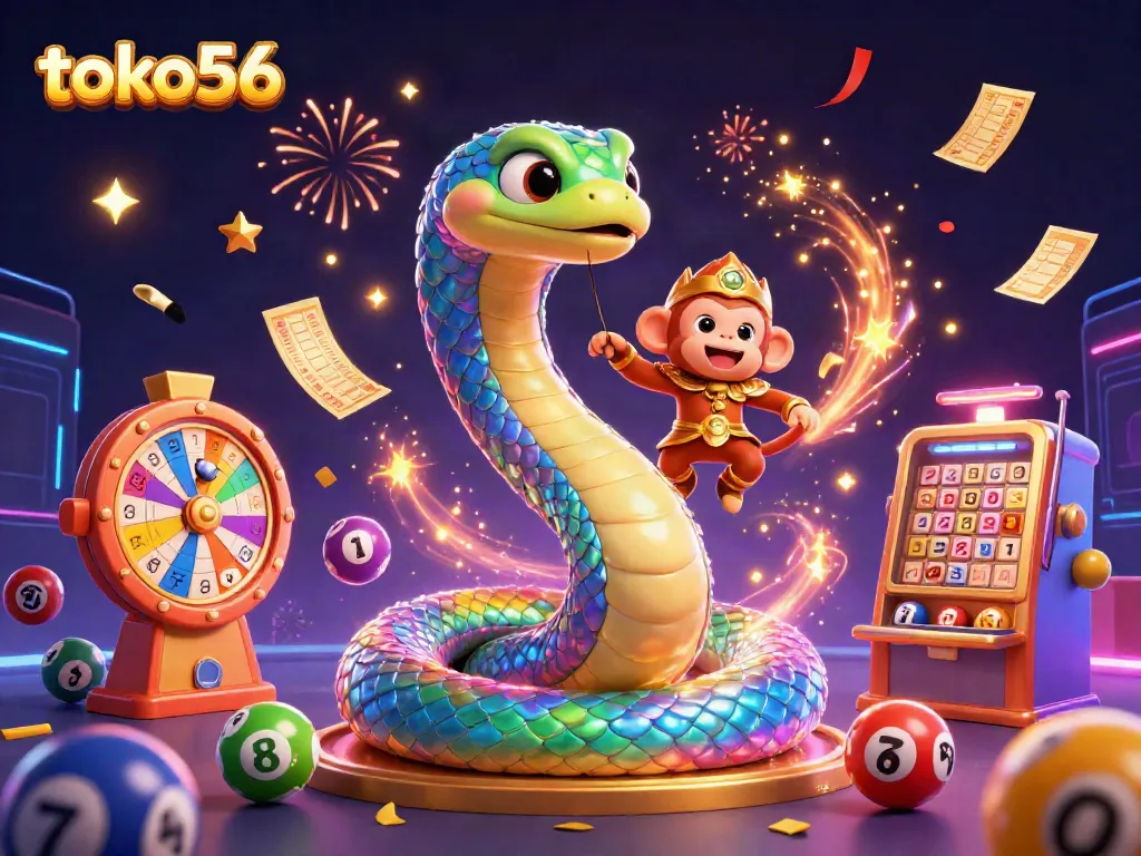 Engage with thrilling games at toko56, featuring vibrant lottery balls and a magical serpent.
