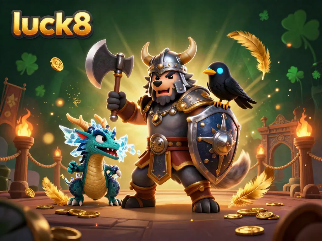Join the excitement at luck8 with a Viking wolf warrior, fierce dragon, and cartoon raven in a dynamic casino scene.