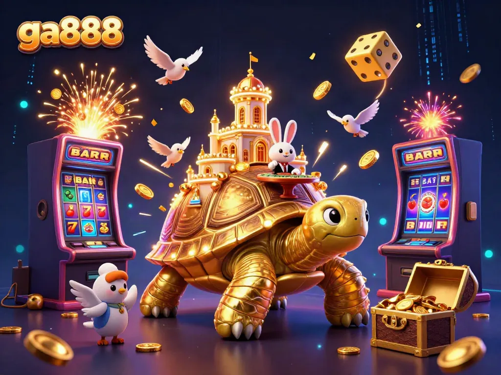 Experience the excitement of ga888 in this vibrant casino scene featuring a golden tortoise, rabbit dealer, and jackpot explosion.