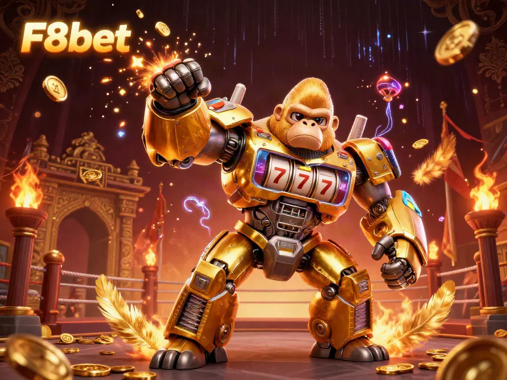 Witness the F8bet golden mech bringing luck and excitement in a vibrant casino scene.