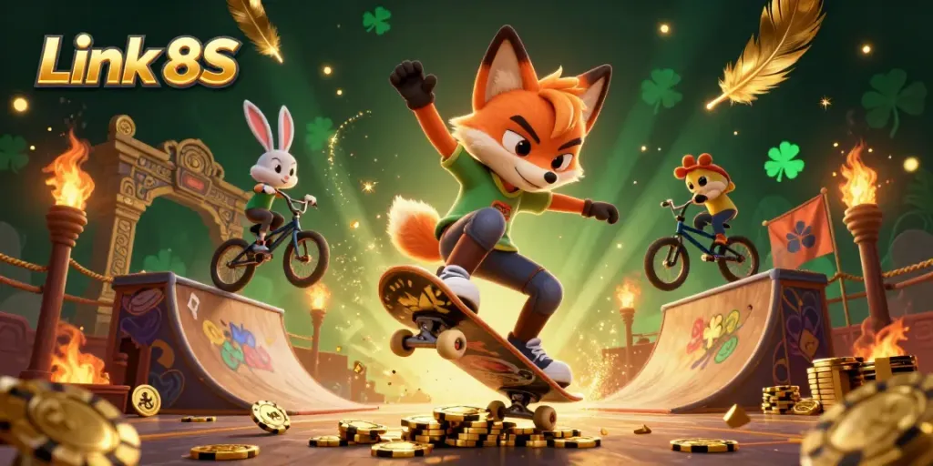 Engage with Link 8S in an action-packed casino-themed 3D scene featuring cartoon characters.